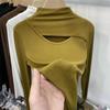 Damen Übergröße Halbhoher Kragen Ausgeschnitten Langarm T-Shirt für Herbst/Frühling