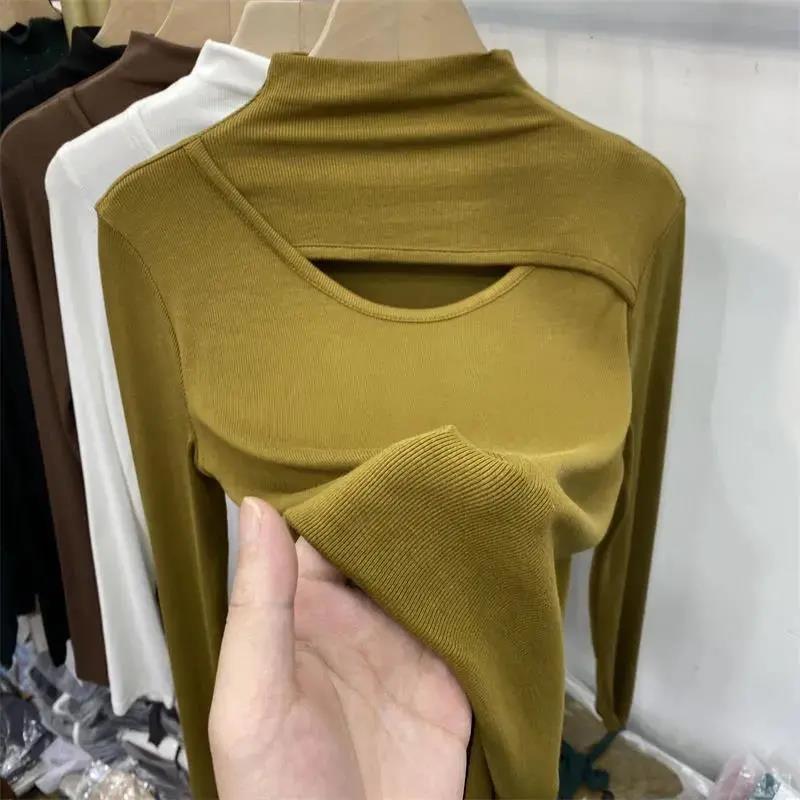 Plus Size Women's Semi-High Neck Hollow Out Long Sleeve T-Shirt for Autumn/Spring