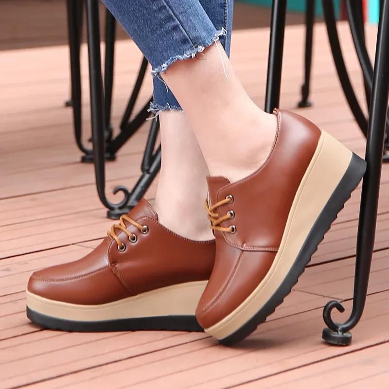 Women Oxford Shoes Flat On Platform Casual Shoes Frenum Leather Shoes Sewing Round Toe Mujer