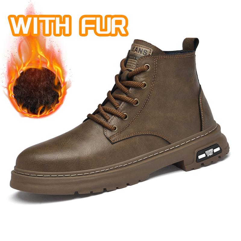 Fashion High Quality Casual Leather Men Motorcycle Boots Classic Outdoor Mens Ankle Boots Winter Warm Plush Fur High Top Shoes Man Botas