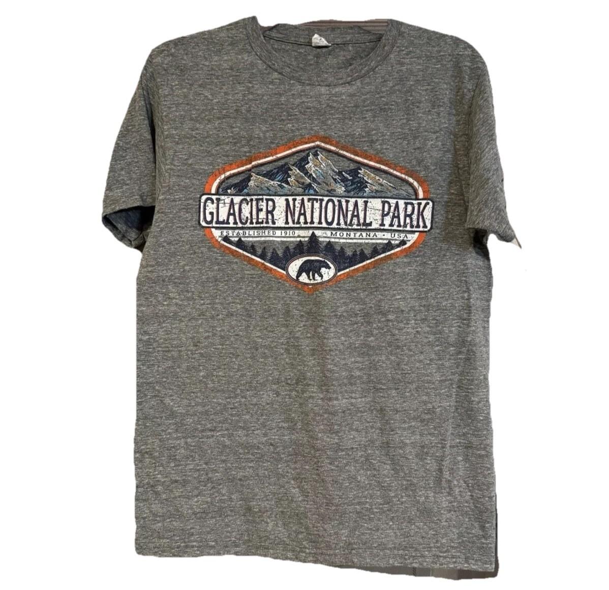 Glacier National Park Shirt Mens Small S Gray Montana Bear Mountain Graphic Tee Unisex T-Shirt M