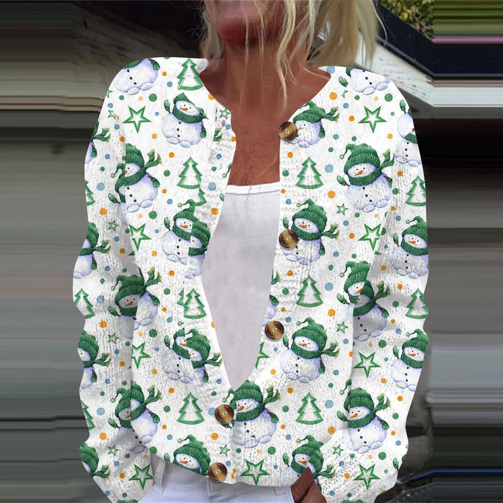 Chaqueta de punto tipo cárdigan de manga larga con estampado navideño a la moda para mujer