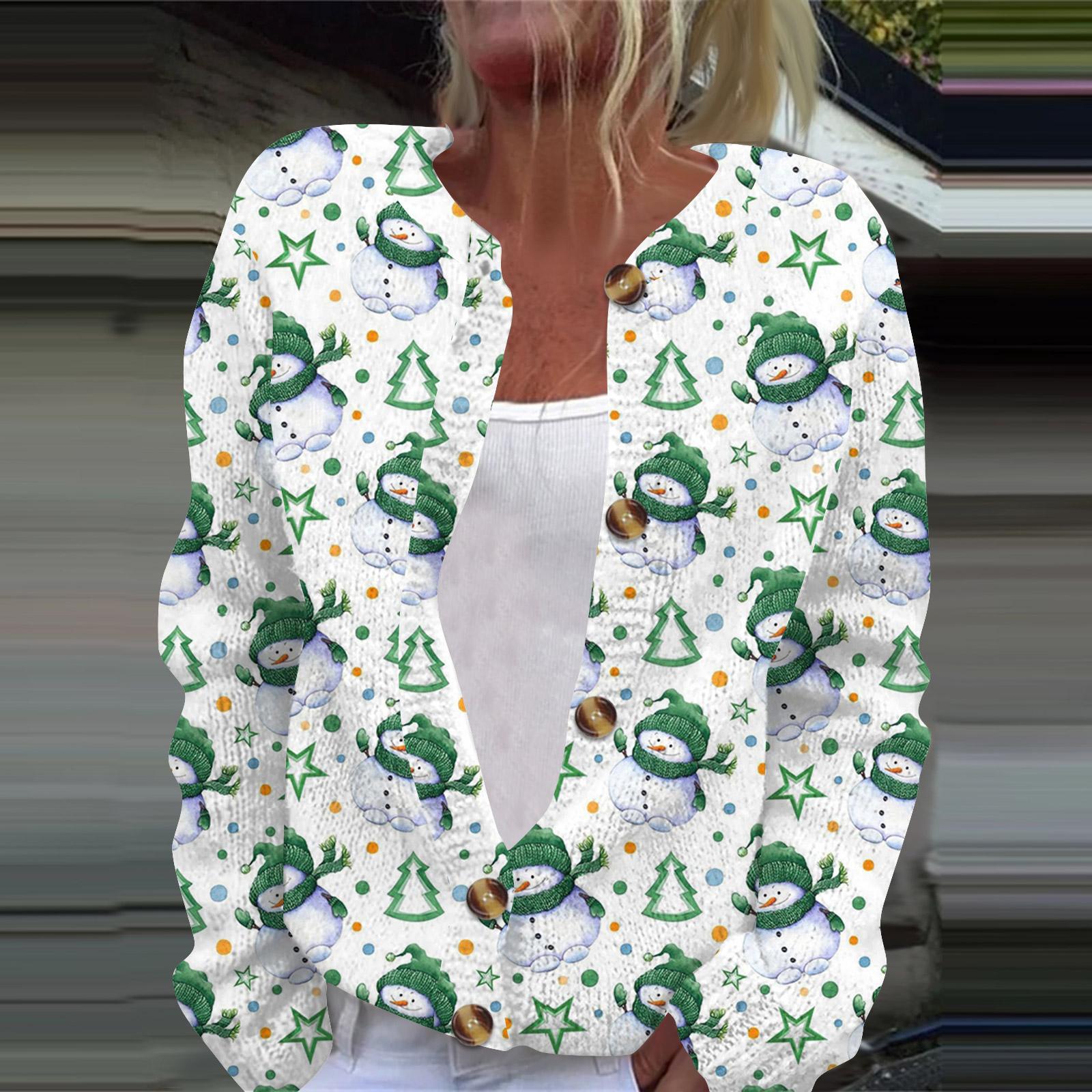 

Женская мода рождественский принт длинный рукав вязаный кардиган пуховик XL белый
