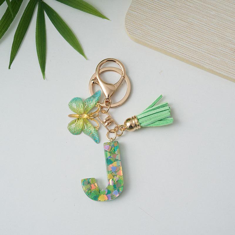 A-Z Initial Letter Keychain Green Butterfly Tassel Letter Charm Bag Pendant Couple Key Holder Pendant For Friend Gifts
