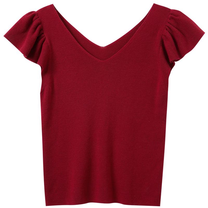 

San Cai Women s V-Neck Ruffle Sleeve Knit Top