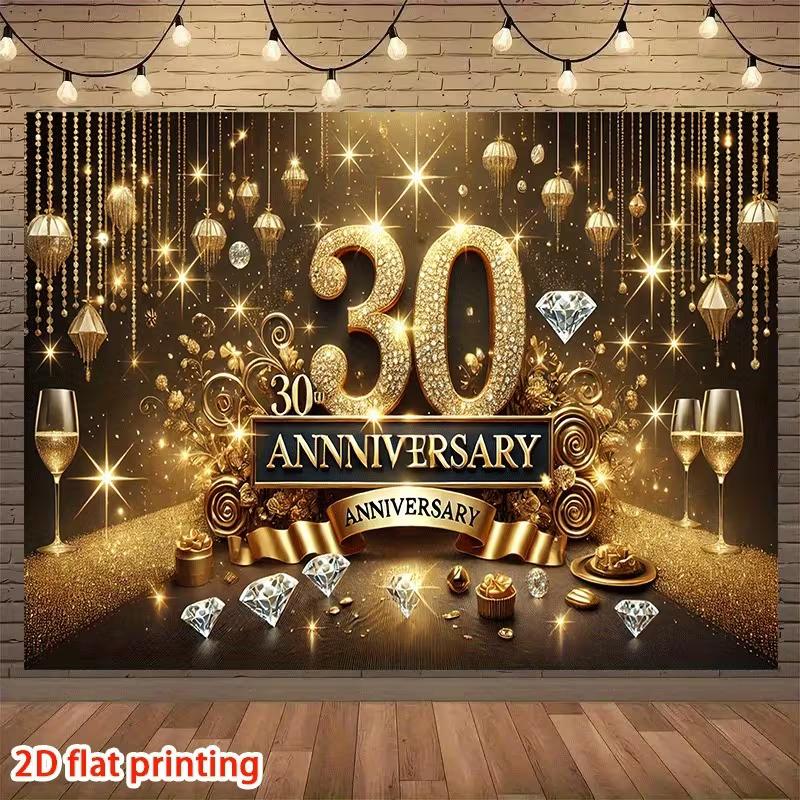 2D Elegant 30th Anniversary Backdrop, Gold & Black Diamond Celebration Banner 47.2x31.5inch/120*80cm