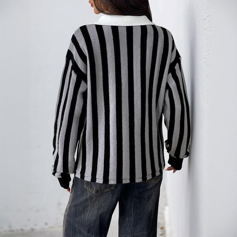 New Neutral Style Vertical Striped Lapel Knitted Pullover Sweater for Women in Autumn and Winter