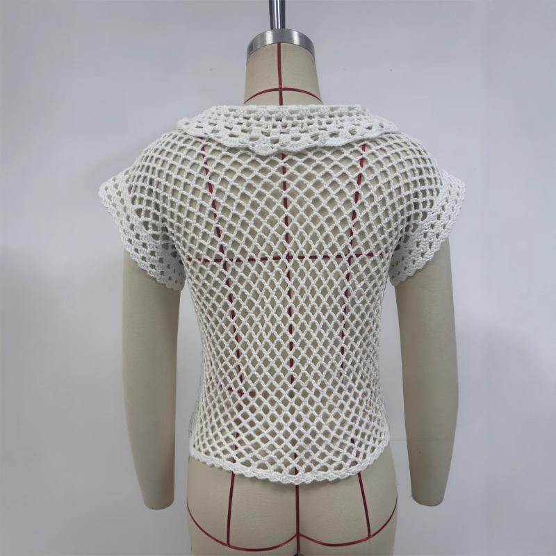 Women's Summer New Cardigan Short Sleeve Loose Lapel Fashion Solid Color Hollow Knit Top