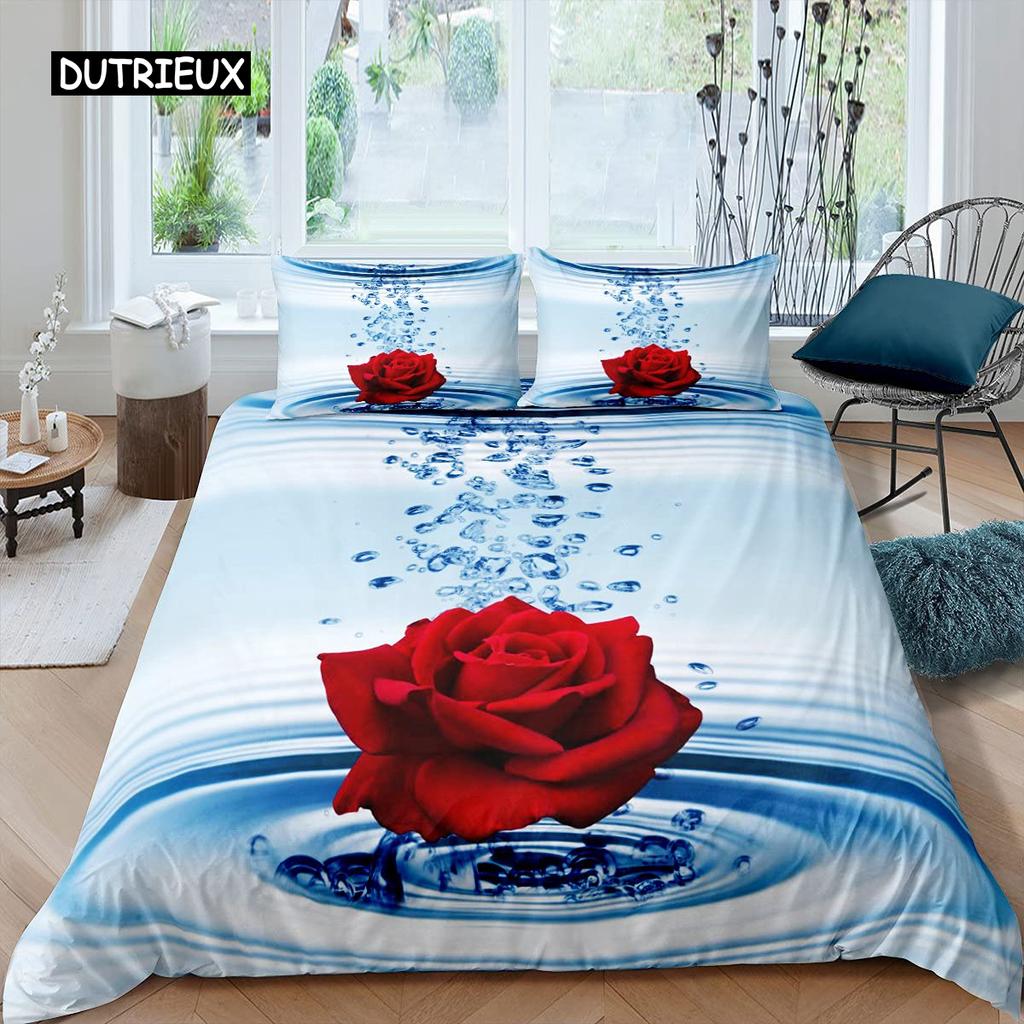 Rose Duvet Cover Set Women Chic Purple Floral Print Bedding Set Romantic Flowers Glitter King Size Comforter Cover for Couples