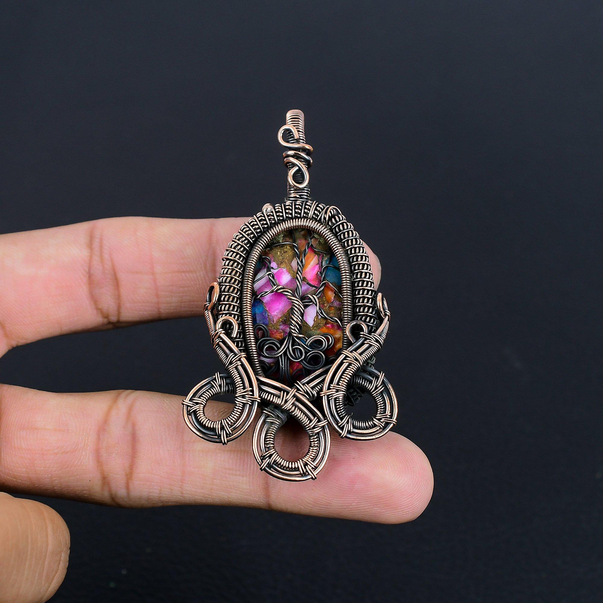 

Pink Spiny Oyster 999 Copper Wire Wrapped Necklace, Handmade Gemstone Jewelry Necklace, For Memorial Day 2.45 Inches