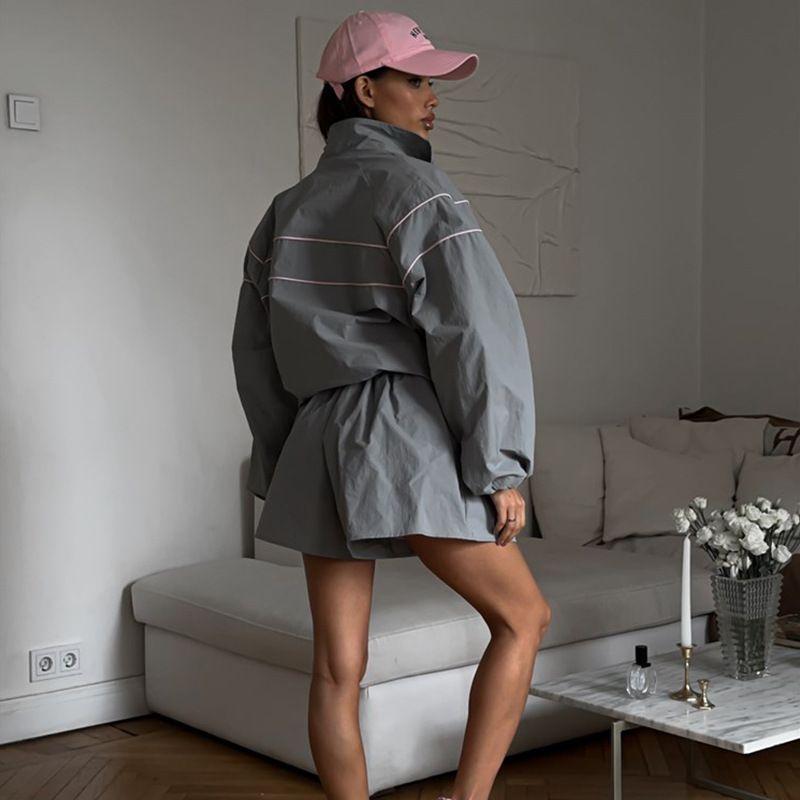 Western Style Fashion Casual Loose Zip-up Outerwear Shorts Set Zipper Top and Shorts Set