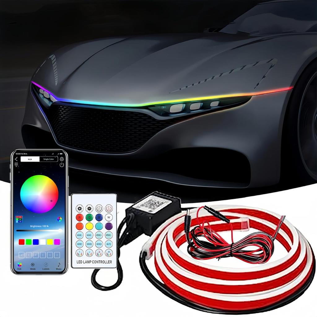 LED světla na kapotu auta, vícebarevná, 120 režimů (70 palců) 12V, Pás denního svícení pro kryt motoru, Vícebarevná neónová sada světel pro kapotu auta