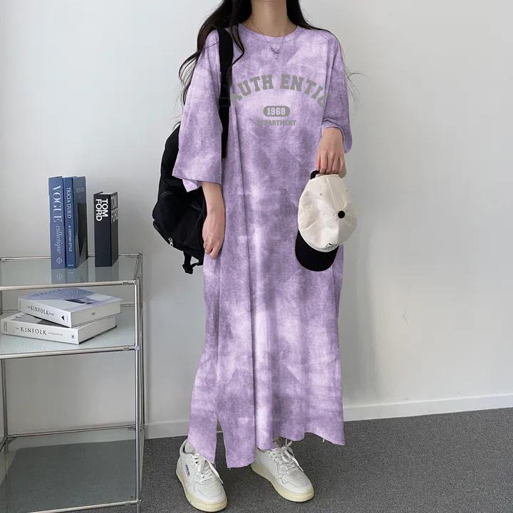 Summer 2024 Tie-Dye Short-Sleeve T-Shirt Dress: Women's Korean-Style Fashionable Print, Loose, Casual Mid-Length 
