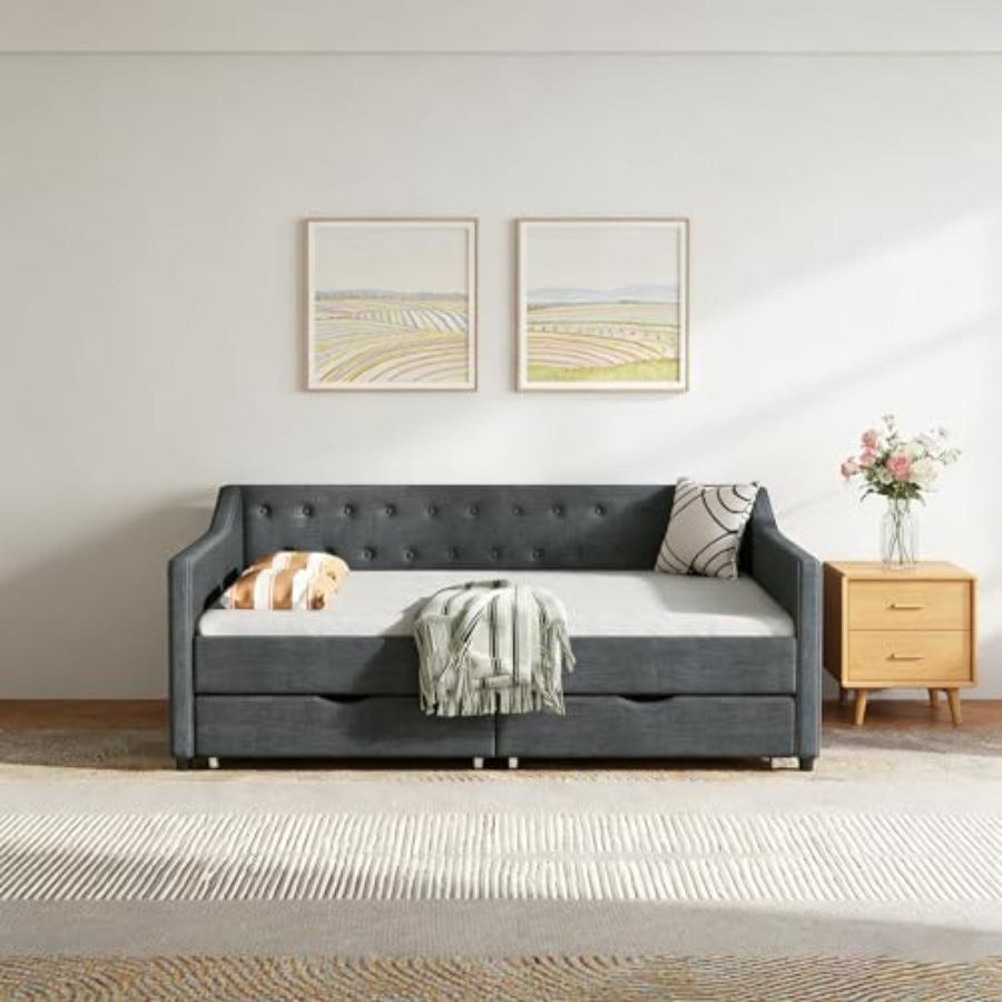 Full Size Daybed with Drawers, Linen Fabric Day beds w/Storage and Button on Back and Piping on Waved Shape Arms, Upholstered T
