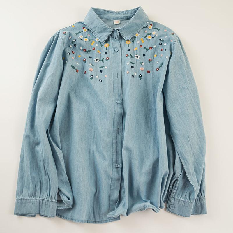 Women's Retro Cartoon Embroidered Cotton Denim Shirt - Long Sleeve, Casual Top for Spring/Autumn 2025