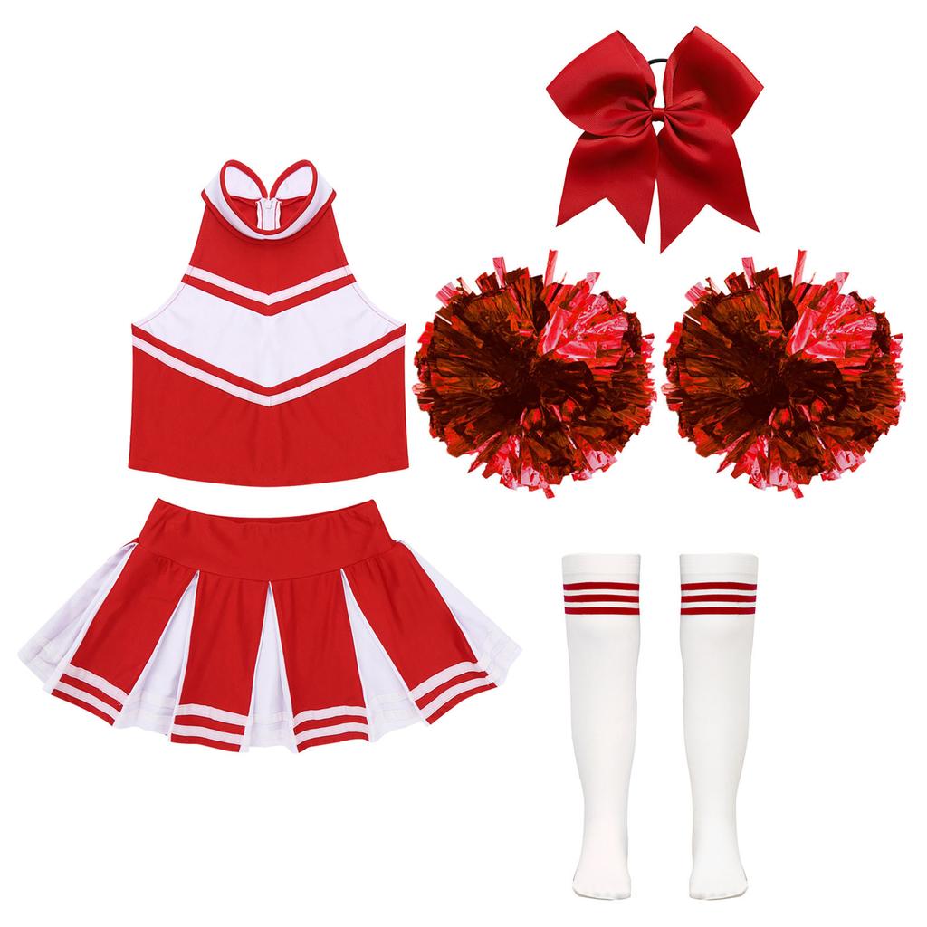 Kids Girls Cheerleading Set Sleeveless Zipper Top Pleated Skirt Bowknot Headwear 2 Hand Flowers Striped Tube Socks for Performance