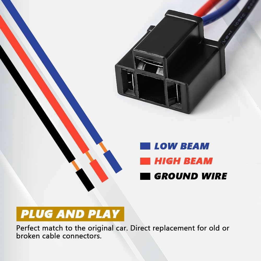 2PCS H4 Headlight Wire Socket Connector, 3 Way Male/Female Headlight Power Plug with Wiring Harness, Universal Headlight Pigtail Connector