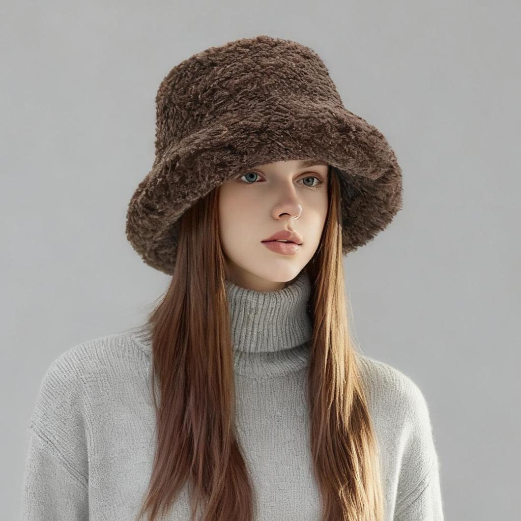 Women's Winter Faux Shearling Bucket Hat, Thickened Windproof Fluffy Fisherman Cap, Warm Cozy Outdoor Hat for Fall Winter