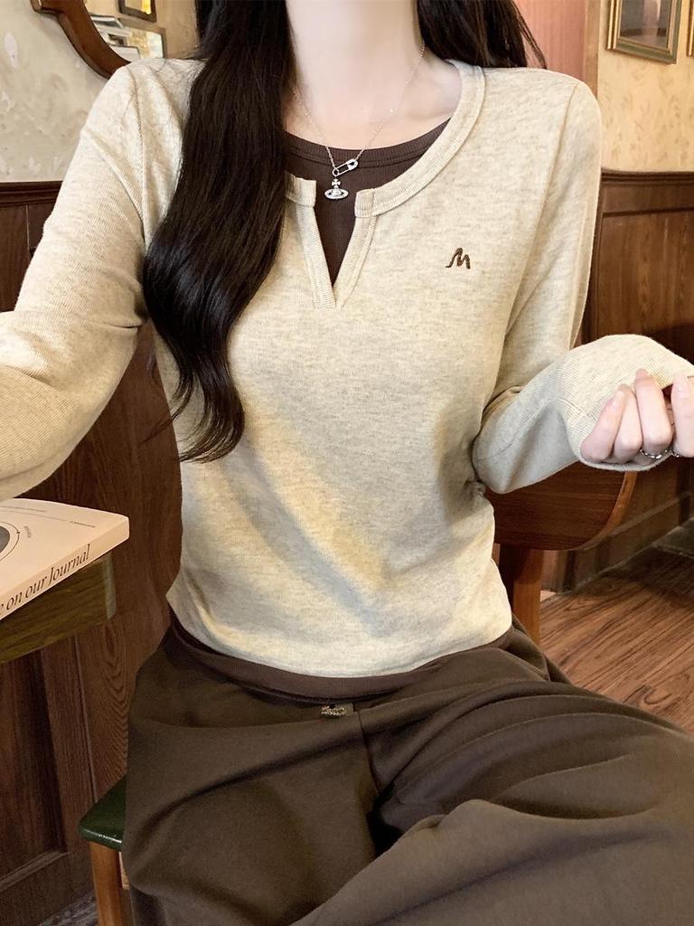 Women's 2025 Autumn Patchwork Pleated Waist Two-Piece Look Long-Sleeve Slimming Top