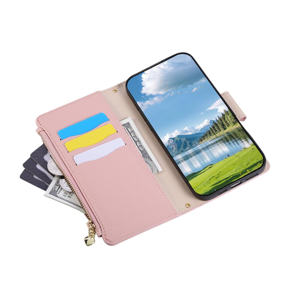 Applicable To iPhone17 Japanese and Korean Leather Case, Samsung S25 Lychee Pattern Zipper Wallet Diagonal Span Portable Rope A06 Solid Color