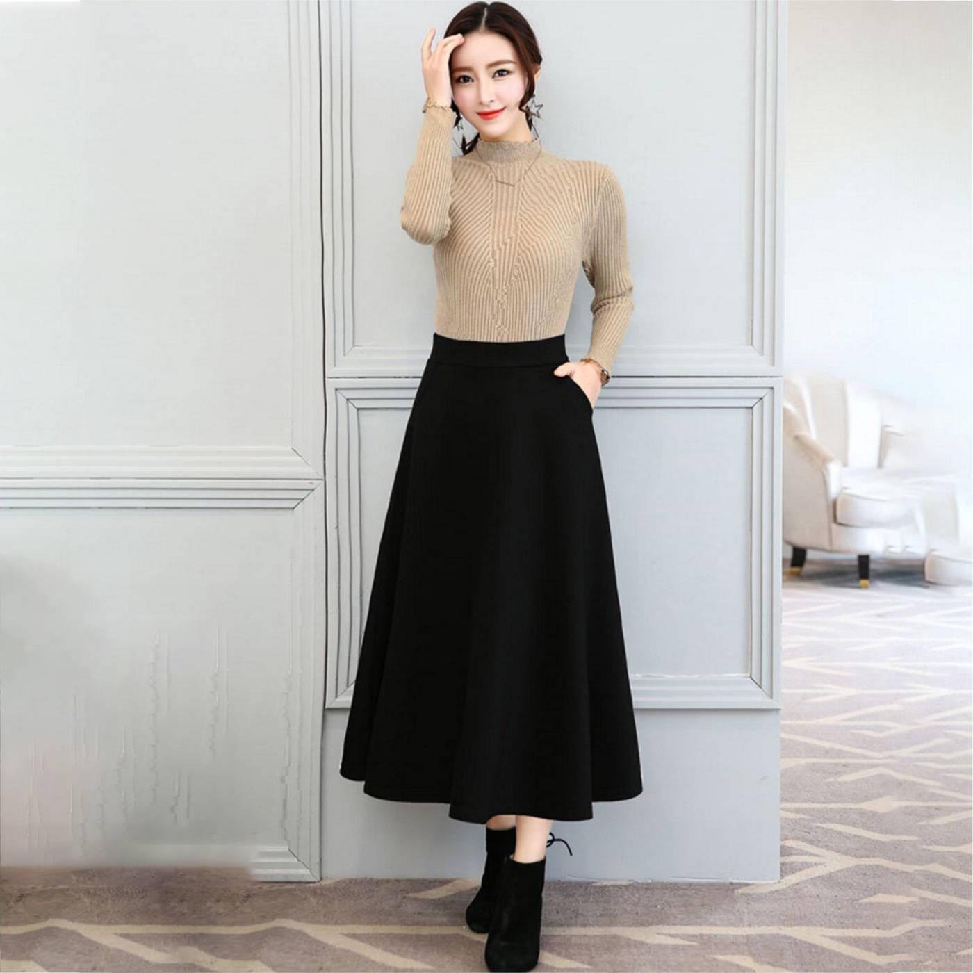 

Retro Art High Waist A-line Maxi Skirt - Elastic, Pleated, All-Season Cotton for Women M 80-90 jin чорний