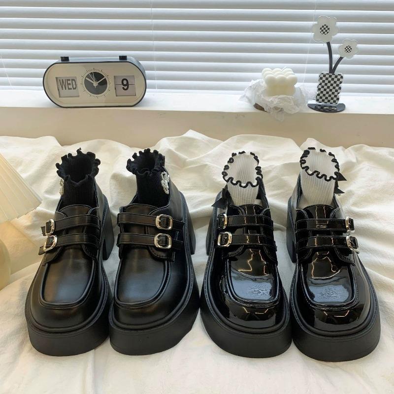 Fashion 2025Autumn Double Buckle Lolita High Heel Chunky Heel Women's Mary Jane Shoes Increase Height British Thick Bottom Leather Shoes
