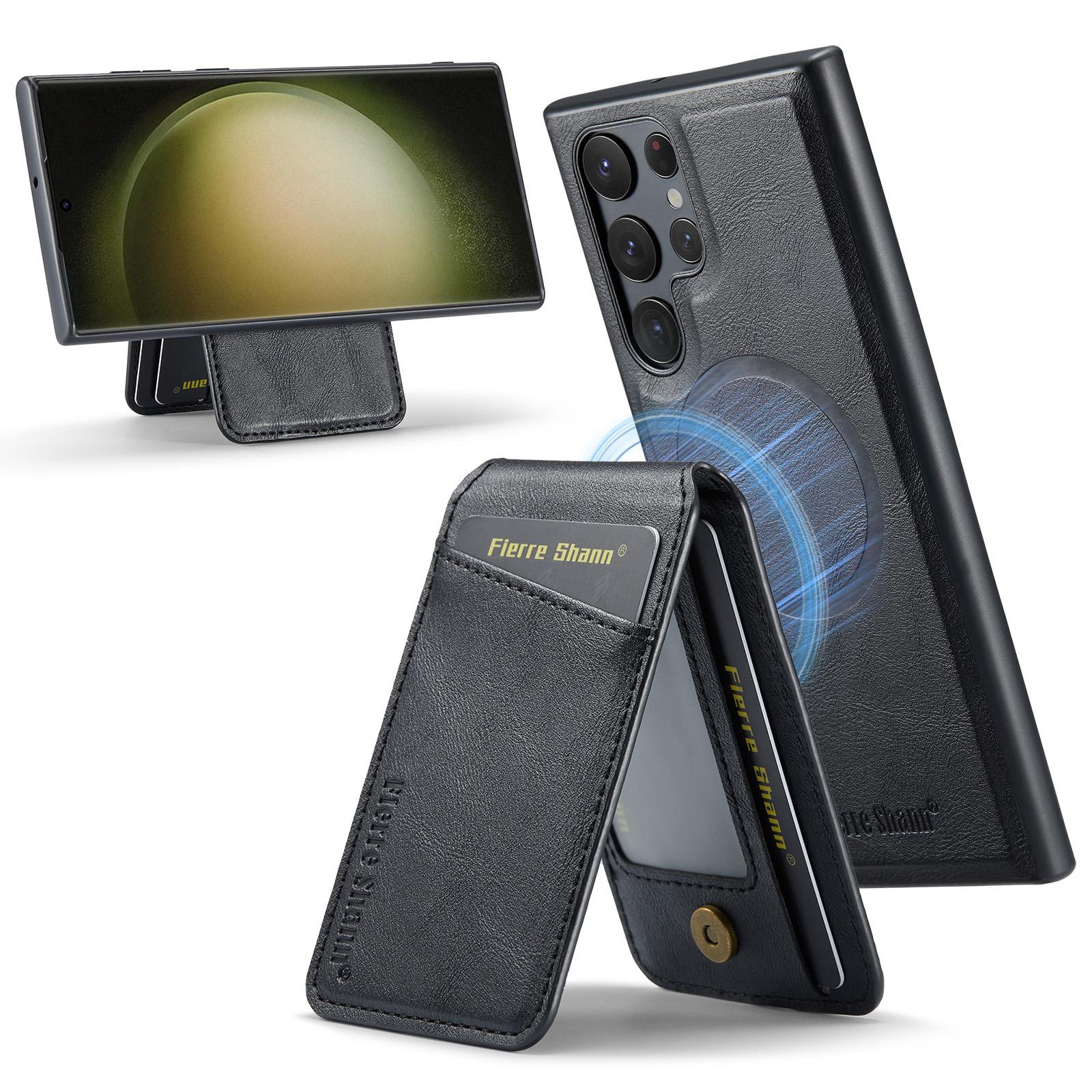 

025 Style For Samsung Galaxy S23 Ultra Kickstand Case PU+TPU Phone Cover with Card Bag Black