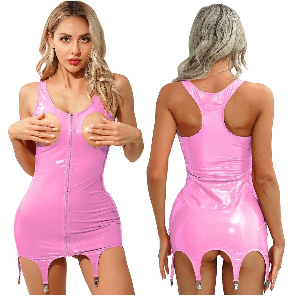 Womens Lingerie Mini Dresses with Garter Clips Patent Leather Wet Look Clubwear Zipper Hollow Out Bodycon Dress