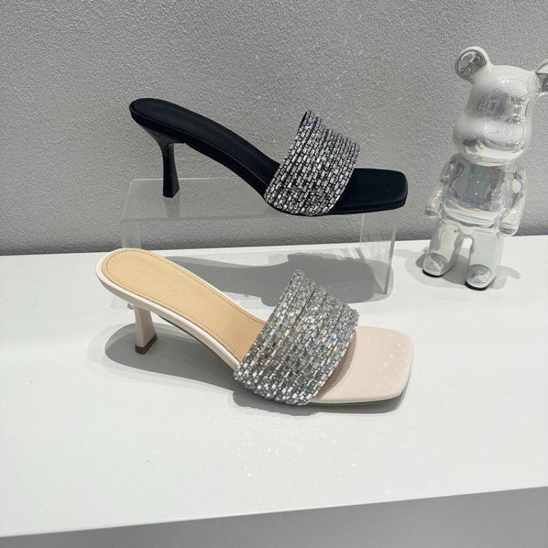 Fashion 2024 Women's Sandals Summer Crystal Belt High Heels Black Women's Slippers Sexy Luxury Square Toe Party Sandals