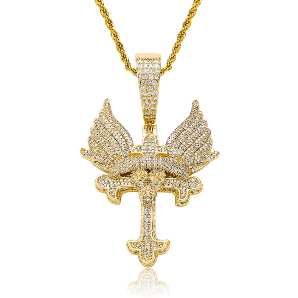 Sparkling Iced Out CZ Wing Pendant Bling Chain Necklace Men Hip Hop Solid Retro Design Luxury Statement Fashion Jewelry