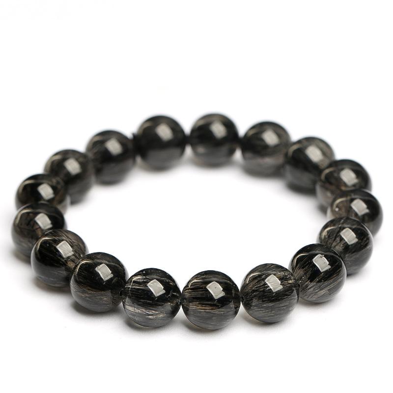 Hongchu Crystal Natural Black Hair Crystal Bead Bracelet Black Rutilated Quartz Smooth Bead Bracelet