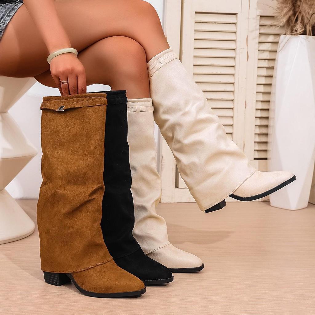 Plus Size Pointed Toe Knee-High Boots - 2025 Autumn Collection, Ruched Chunky Heel, Pull-On Style, European & American Fashion.