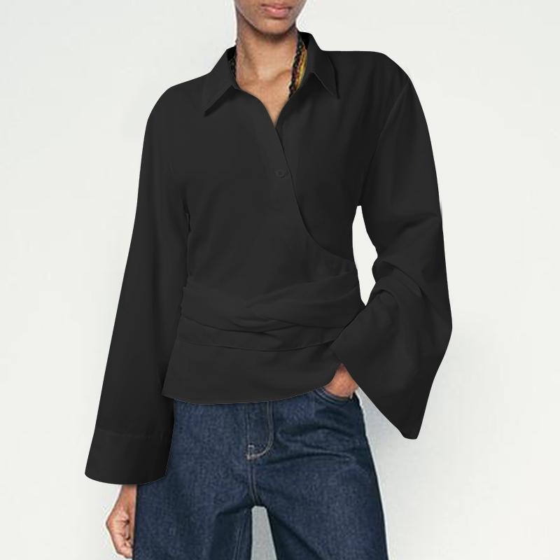 VONDA Women Lapel Neck Long Sleeve Irregular Buttons Belt Casual Loose Shirts
