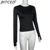 BITCED Women's Spring/Autumn T-Shirt Solid-Colour O-Neck Base Layer Slim-Fit Long-Sleeved Top