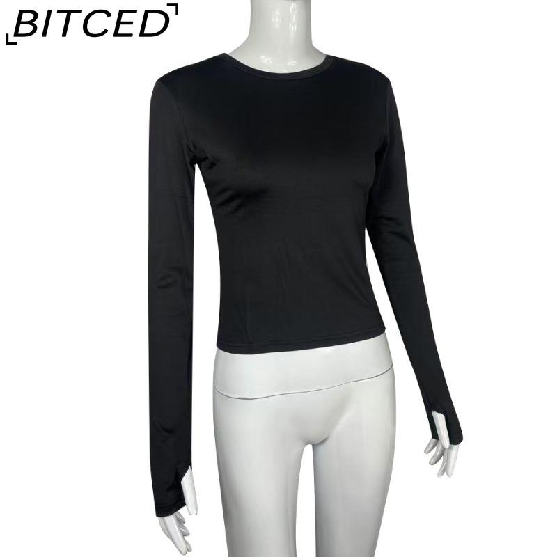 BITCED Women's Spring/Autumn T-Shirt Solid-Colour O-Neck Base Layer Slim-Fit Long-Sleeved Top