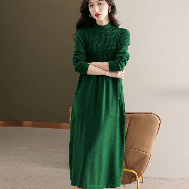 Autumn Winter Women's Plus-Size Sweater Dress Solid Color Loose Half Turtleneck Long Knitted Dress with Pockets