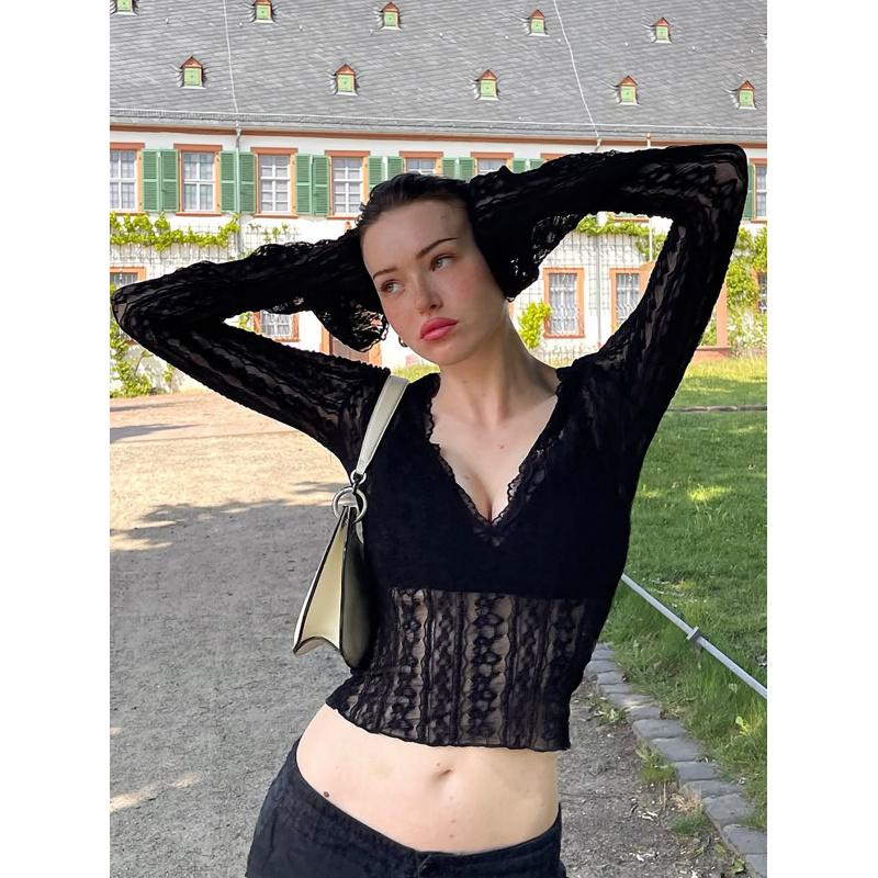 Women S Summer New Long-Sleeve Lace Trim Sexy V-Neck Slim Fit Hot Girl Style Top S чёрный