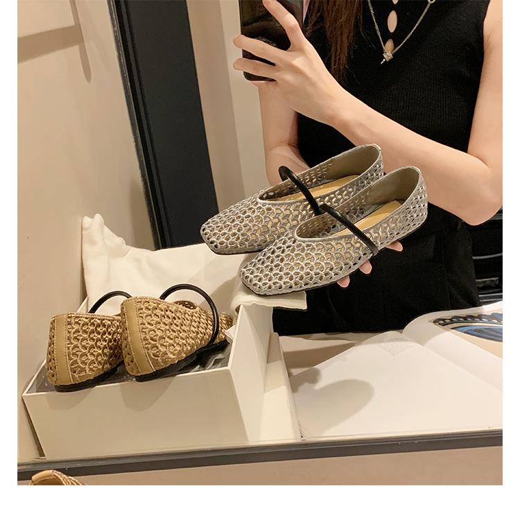 Sheepskin Version~ French Square Head Hollow Mesh Leather Sandals Women's New Soft-soled Woven Sandals Mary Jane Single Shoes
