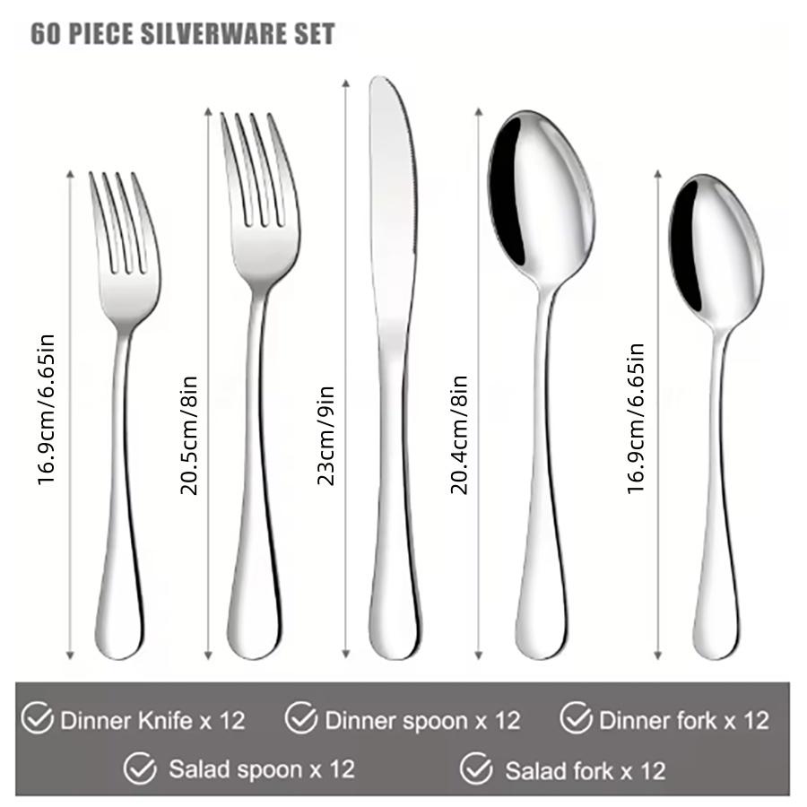60Pcs Silverware Set Service for 12 Stainless Steel Flatware Cutlery Set Mirror Polished Flatware Set Include Forks Spoons Knive
