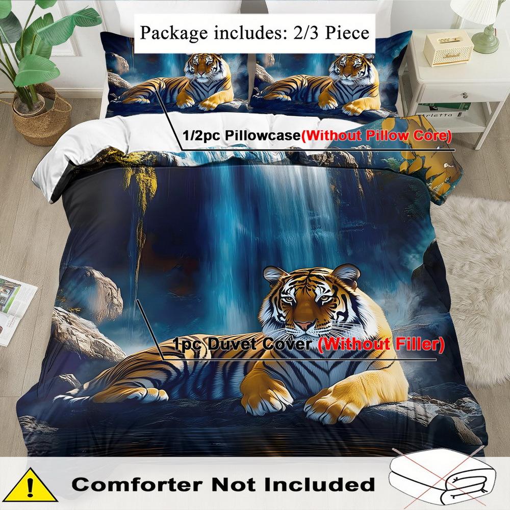 Tiger Theme Down Comforter Cover Set - 2/3Pcs Soft Comfortable Breathable Fantasy Animal Pattern Printed Bedding Set