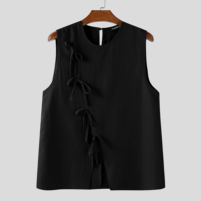 

INCERUN Summer Men O-neck Sleeveless Oblique Bow Splits Shirts Tank Tops 4XL чёрный