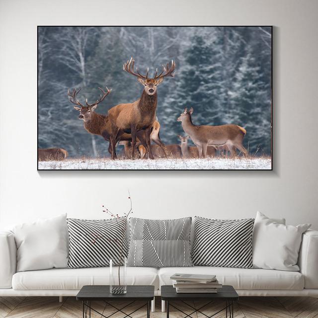 Animal Noble Deer In Winter Snow Forest Canvas Painting Posters and Prints Wall Art Pictures For Living Room Home Decor No Frame