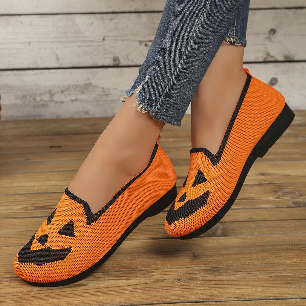 New Ladies Halloween Pumpkin Print Breathable Flying Woven Galoshes Support