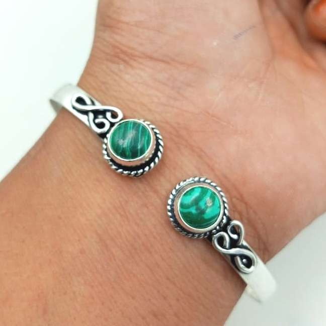 Malachaite Gemstone 925 Sterling Silver Plated Adjustbable Cuff Bangle FTRW-C2