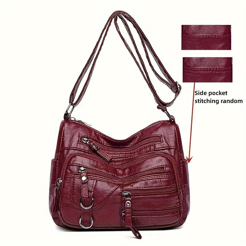 Elegante bolso bandolera retro de color sólido: Piel sintética suave, bolsillos con múltiples cremalleras para la mujer moderna
