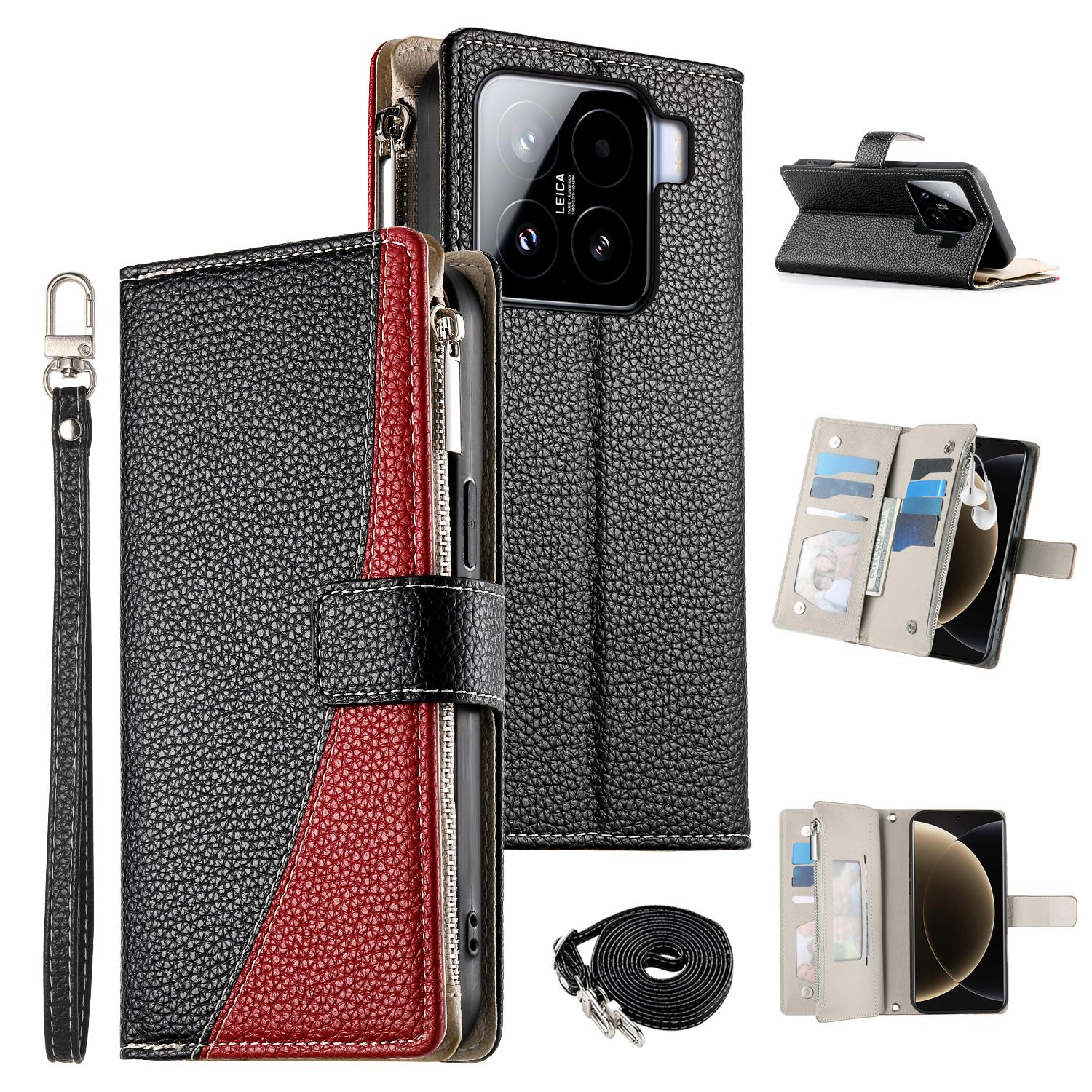 

Для Xiaomi 15 Чехол Кошелек на молнии Цветная кожаная откидная крышка для телефона с ремешками Black