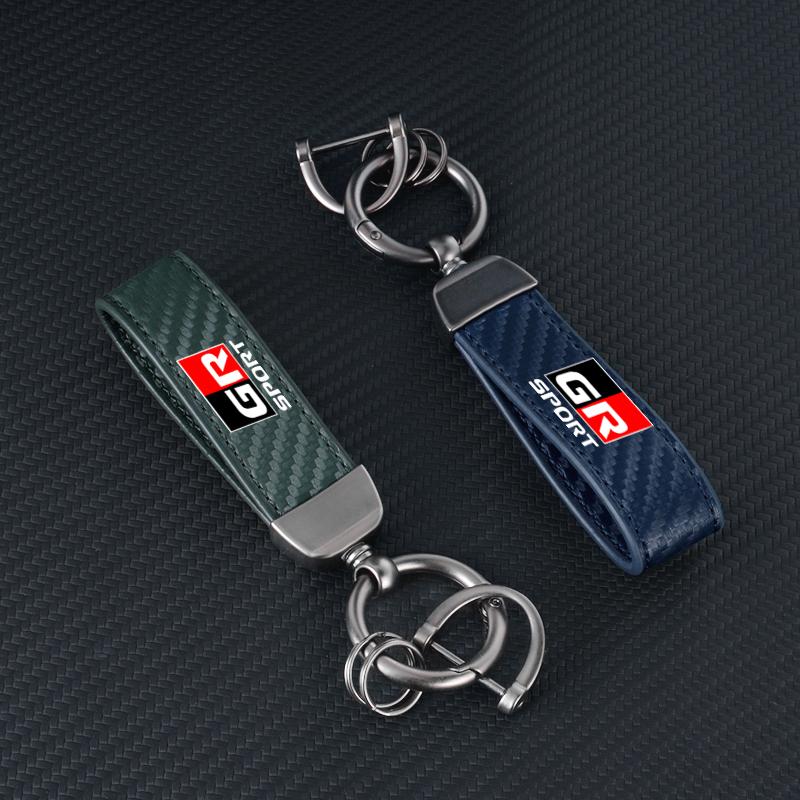 Carbon fiber Car Keychain Key Ring Metal Leather For Toyota GR Sport Gazoo Racing Yaris 86 Corolla Hilux Supra C-HR Accessories
