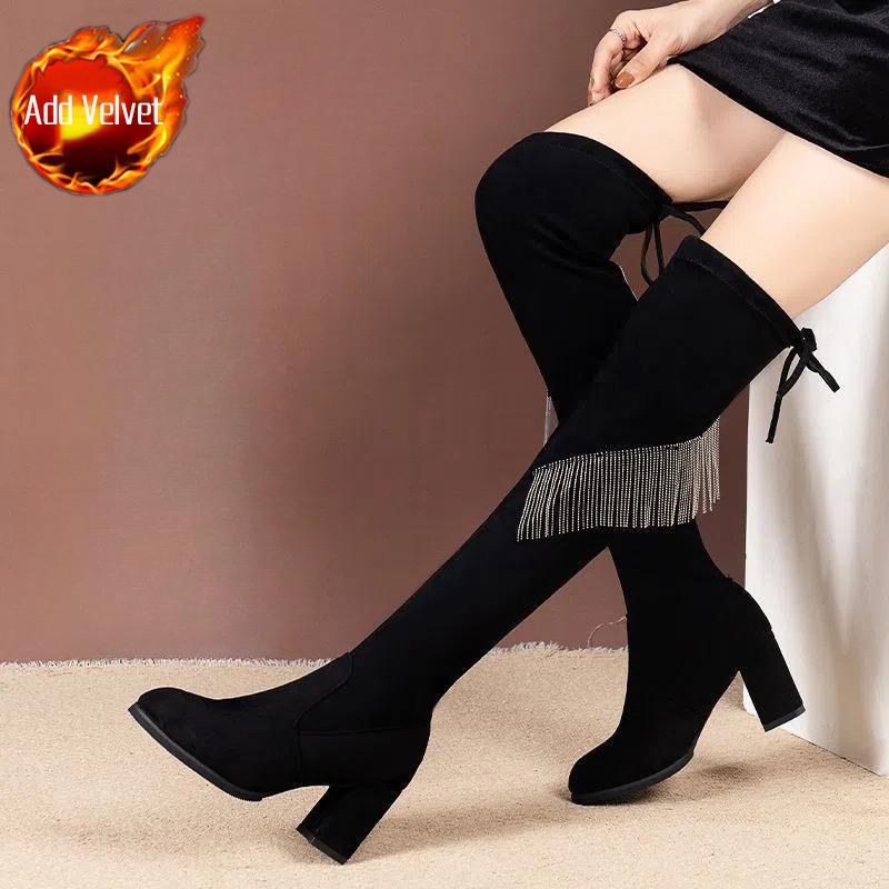 Black Round Toe Tassel Elegant Heeled Thigh High Boots for Women Autumn Winter Comfortable Chic Above Over The Knee Shoes Woman