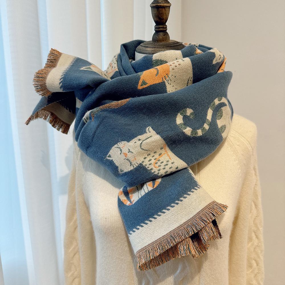 New Double-sided Contrasting Color Jacquard Scarf Women's Winter Warm Fashion Shawl Outer Shoulder and Neck Protection