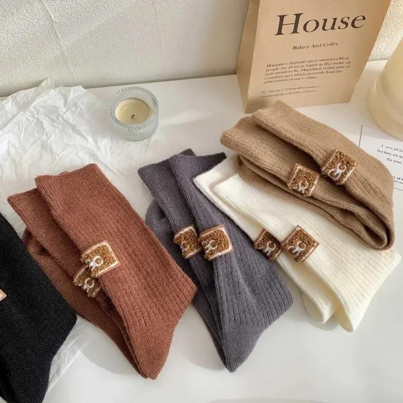 1Pair Winter Solid  Velvet Thickened Pile Socks Multicolored Embroidered Logo Warm Mid-Calf Length Socks Casual Cotton Socks